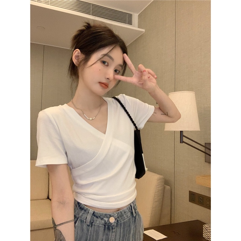 [3 Màu Sắc] Áo Thun Thiết Kế Cổ Chữ V Chéo Tay Ngắn