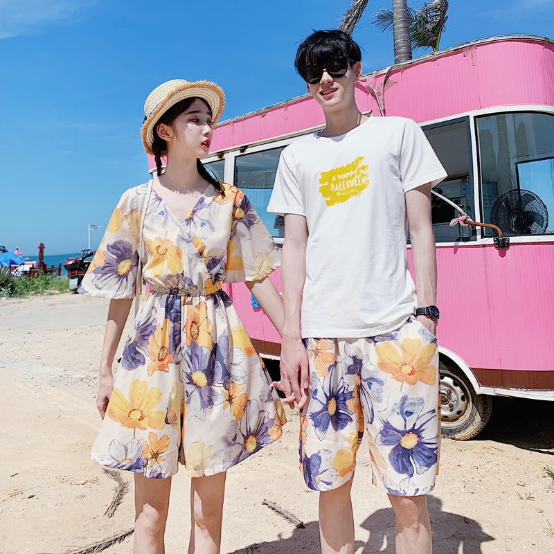 Bộ Đồ Hai Mảnh Áo Thun Tay Ngắn Cổ Chữ V + Váy Ngắn Đi Biển Thời Trang Mới Dành Cho Cặp Đôi Nam Nữ