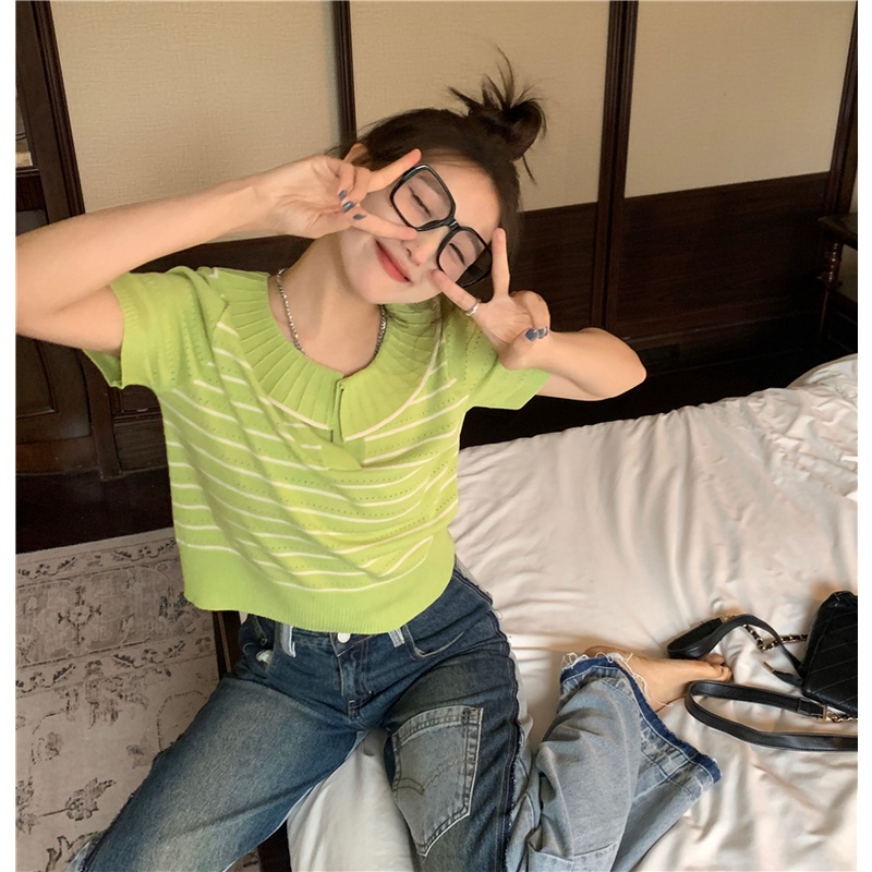 Áo polo Dệt Kim Ngắn Tay Họa Tiết Kẻ Sọc Tương Phản Thời Trang Mùa Hè Hàn Quốc Mới