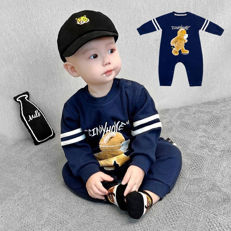 Áo Liền Quần Tay Dài Chất Liệu Cotton In Họa Tiết Hoạt Hình Chú Gấu Dễ Thương Thời Trang Xuân Thu Cho Bé Sơ Sinh Từ 0-2 Tuổi