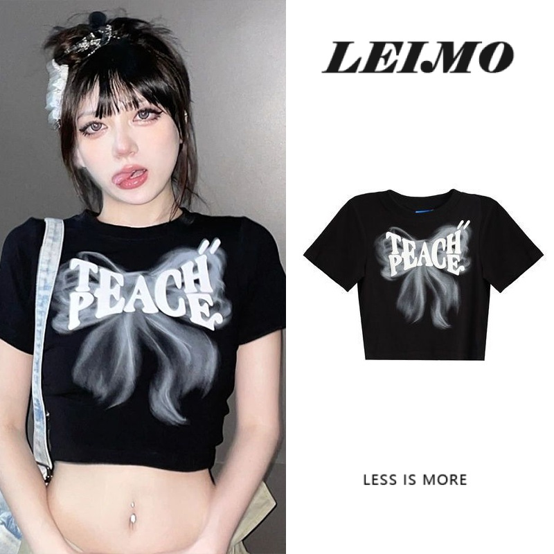 Áo croptop Ngắn Tay Màu Đen Eo Cao Phong Cách Retro Mỹ Cho Nữ