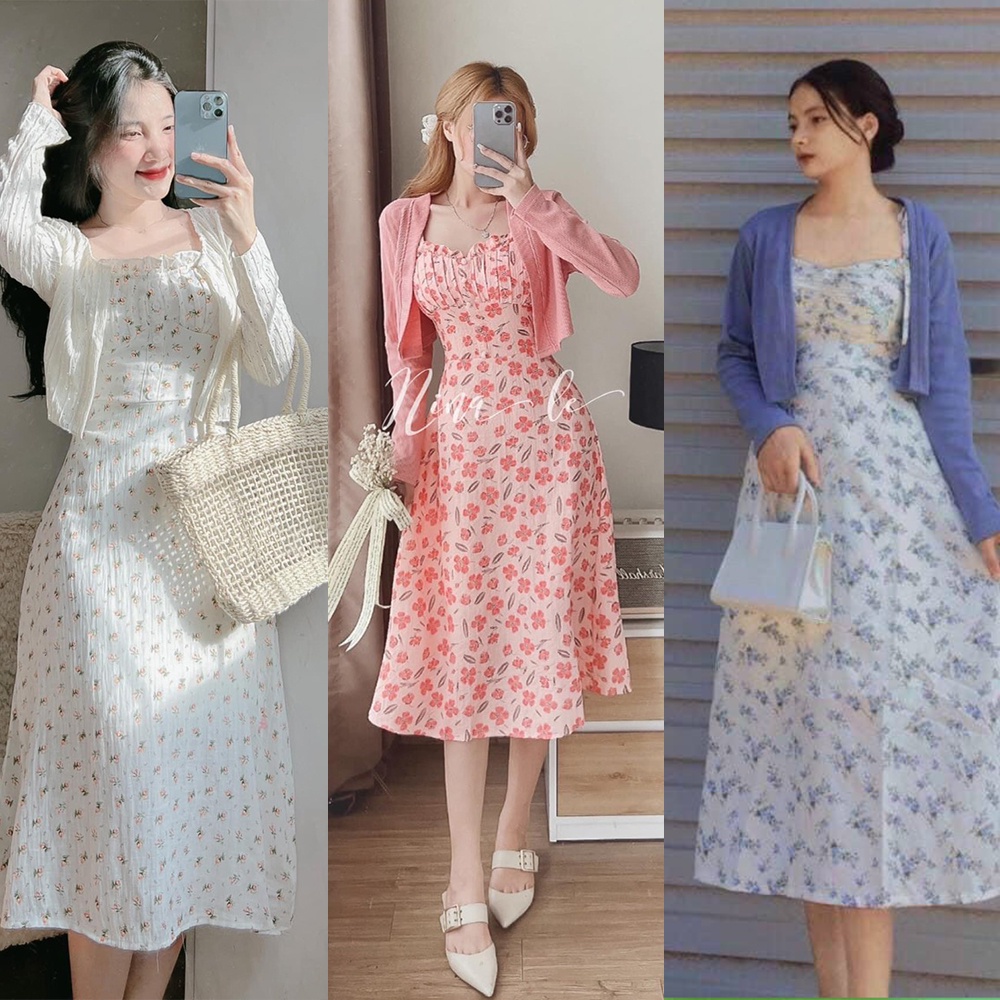 Set đầm midi hoa nhí 2 dây kèm áo khoác lửng (nhiều mẫu lựa chọn) Hình chụp thật - Rossy Fashion