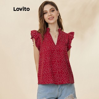 106DP-Áo kiểu Lovito nhún bèo xếp nếp cổ chữ V họa tiết chấm bi phong cách thường ngày L19D466 (màu đỏ)
