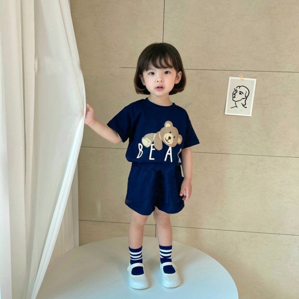 Bộ cộc tay cho bé trai bé gái hoạ tiết hình gấu Bear dễ thương Hokiha Kid size 8-15kg TE164