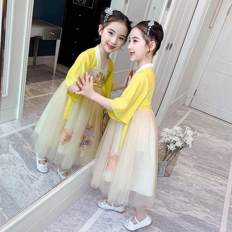 Cô Gái Hanfu mùa hè trẻ em trang phục phong cách Trung Quốc tang siêu Đầm bé gái 12 tuổi rung Váy Mùa Hè