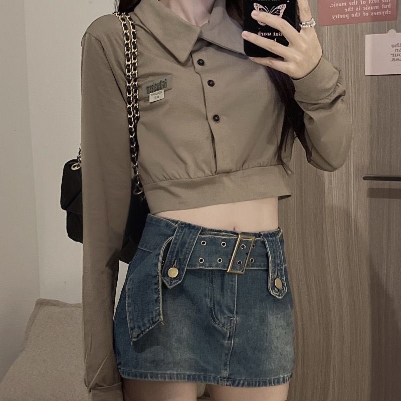 Áo kiểu COZOKC cổ polo dáng ngắn phong cách cổ điển cá tính