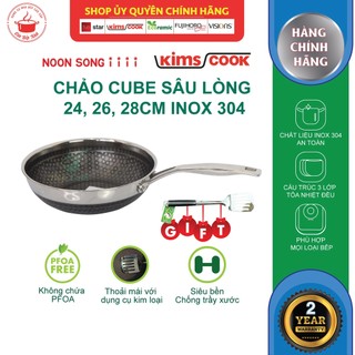 Chảo chống dính 2 mặt sâu lòng inox 304 KImsCook Blackcube 3 lớp đúc liền dòng Noon Song size 28cm, tặng 1 sạn inox