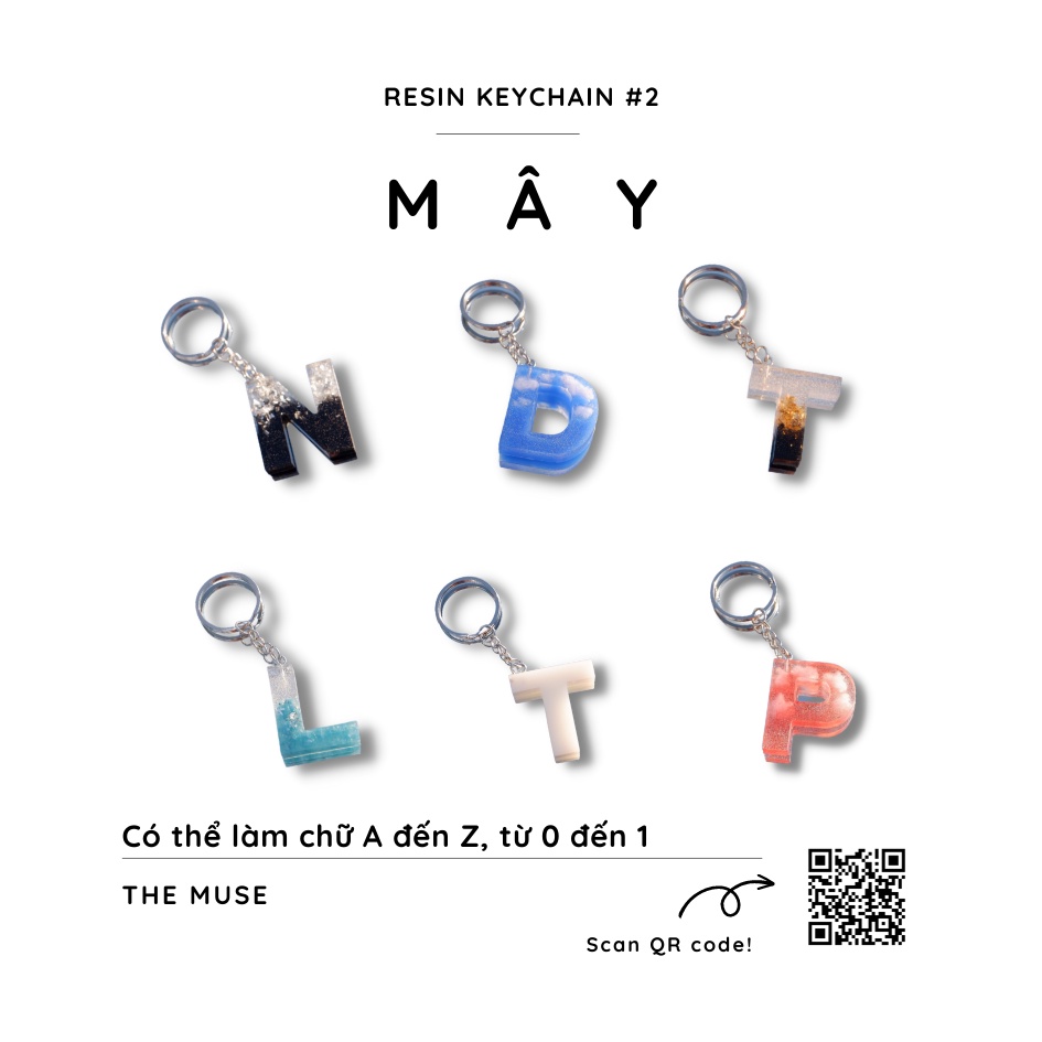 Móc khóa nhựa resin The Muse Mây Edition hình chữ tiếng Anh có chứa mây bông bên trong (26 chữ - 10 số)