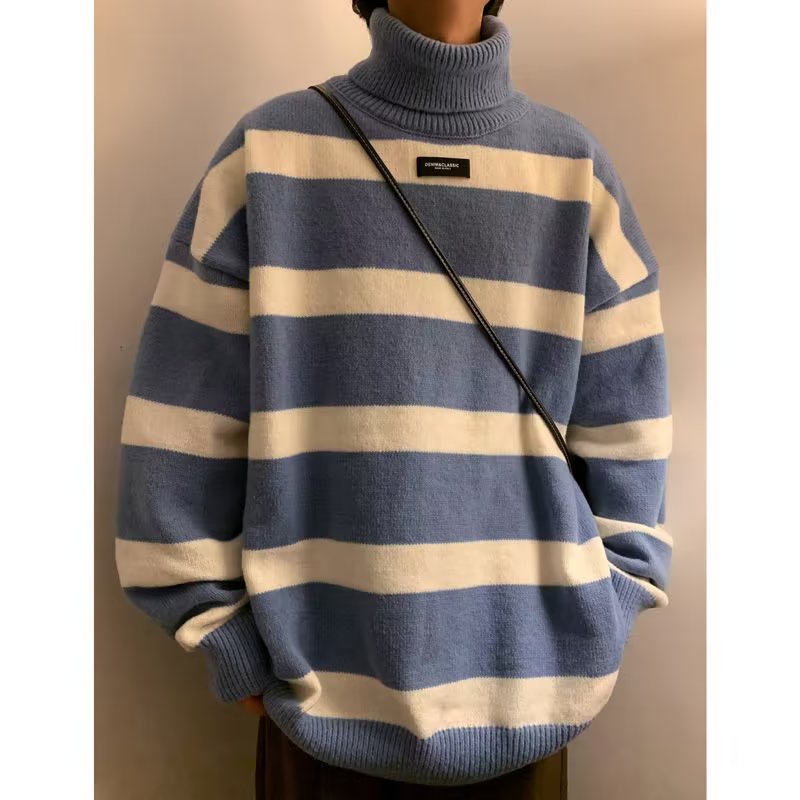 Áo Sweater Cổ Lọ Họa Tiết Kẻ Sọc Phong Cách Vintage Nhật Bản Cho Nam simple áo sweater cổ lọ Sọc fashion áo sweater form rộng phong cách Hàn Quốc áo sweater trơn áo sweater nỉ dài tay bigsize