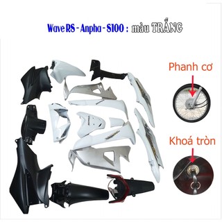 Dàn áo xe Wave RS , Alpha mới , S100 PHANH CƠ-KHÓA TRÒN nhựa ABS nguyên sinh màu TRẮNG  tặng  bộ tem và bộ ốc theo xe