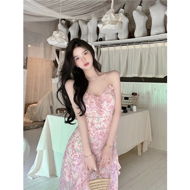 Váy hoa nhí hai dây xẻ tà phong cách Pháp V21H