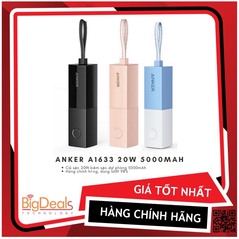Pin sạc Dự Phòng Anker A1633 5000mAh 20W sạc nhanh PD PowerCore Fusion Prism, dùng lướt, BigDeals VN