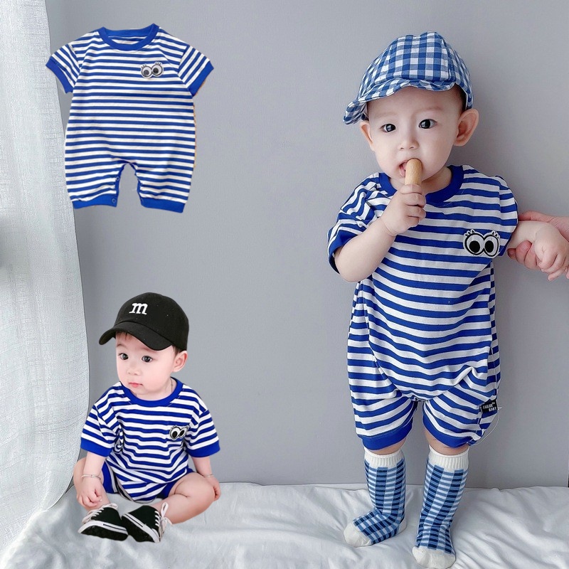 Bộ Áo Liền Quần Bằng Cotton Tay Ngắn In Họa Tiết Kẻ Sọc Thời Trang Mùa Hè Cho Bé Trai / Gái 0-24 Tháng