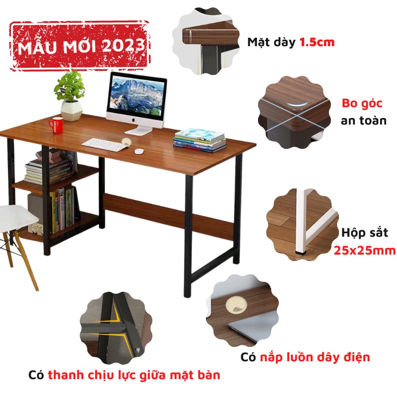 Bàn làm việc liền kệ sách mặt dày 1,5cm dày dặn bo góc an toàn, bàn học tập chân sắt lắp ráp đơn giản đầy đủ phụ kiện