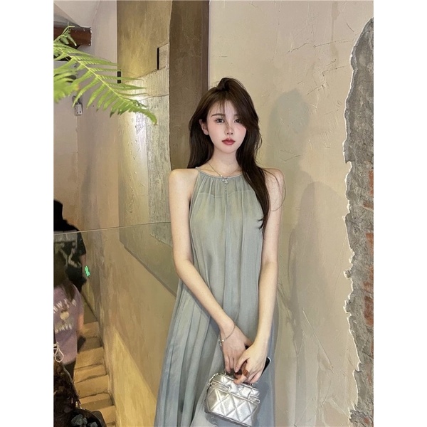 V101 Đầm váy dài maxi voan cổ yếm màu xanh biển nhạt đi biển phong cách Retro Vintage Taobao mới 2023