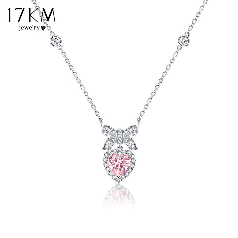 Dây chuyền 17KM mặt hình trái tim pha lê hồng và nơ màu bạc thời trang Y2K ngọt ngào cho nữ