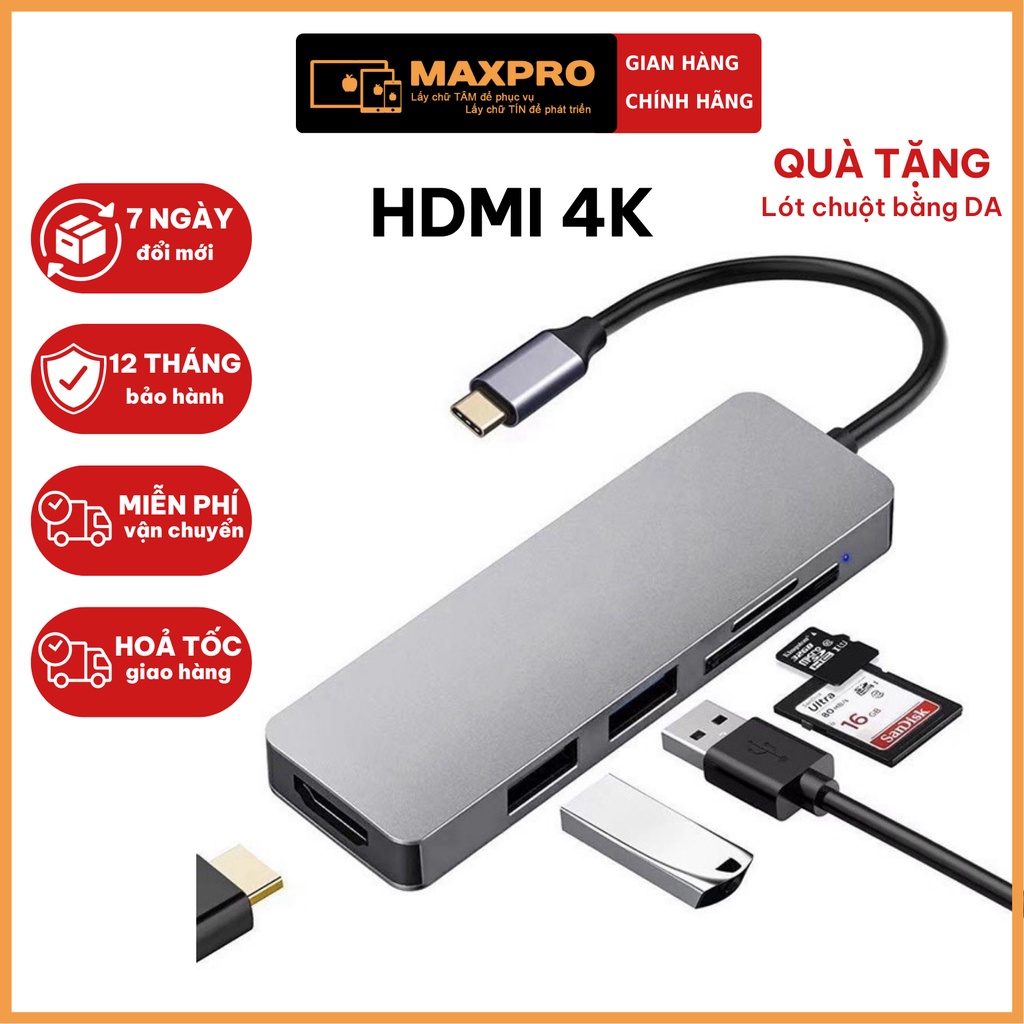 Hub Type C 5 trong 1 to HDMI 4K-30Hz cho Macbook/iPad/Laptop/Điện thoại, Hub chuyển đổi type C - Cổng chuyển đổi Type C