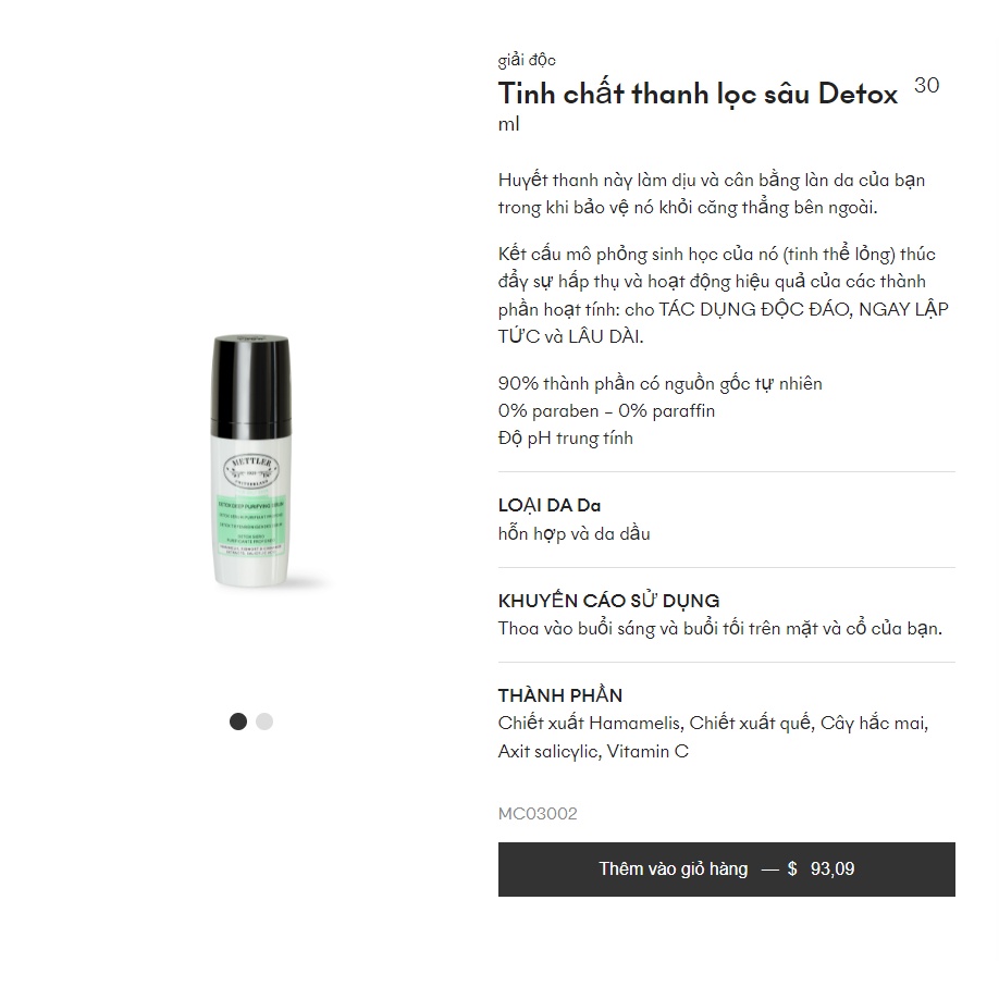 (Sạch mụn đầu đen) Serum dưỡng da thải độc, se khít lỗ chân lông Mettler1929 Detox Deep Purifying Serum