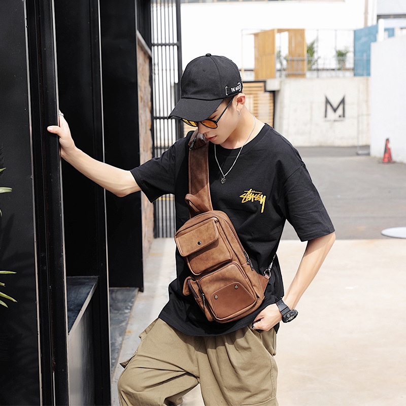 Túi Da Đeo Vai Màu Đen Chống Thấm Nước Sức Chứa Lớn Phong Cách Hàn Quốc Hiện Đại Cho Nam