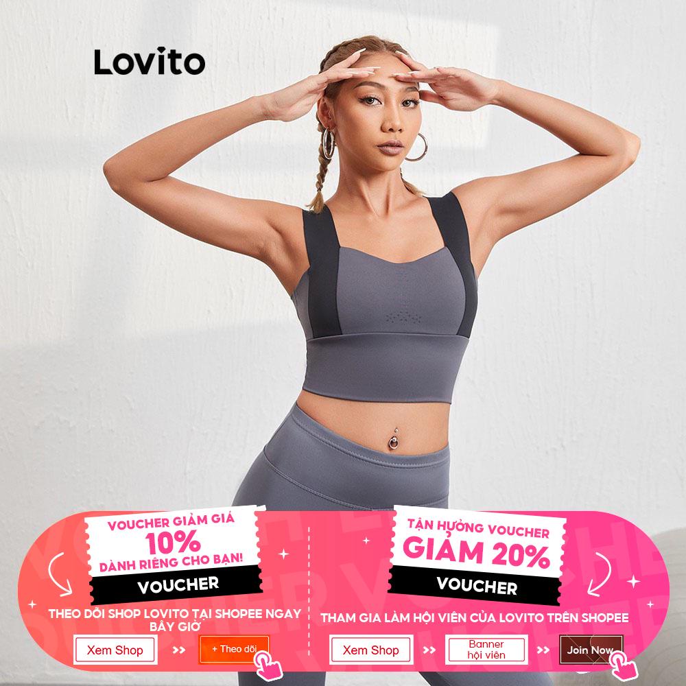 Áo bra thể thao Lovito ghép nối màu sắc nhanh khô hở lưng độ co giãn cao L08068 (màu xám)