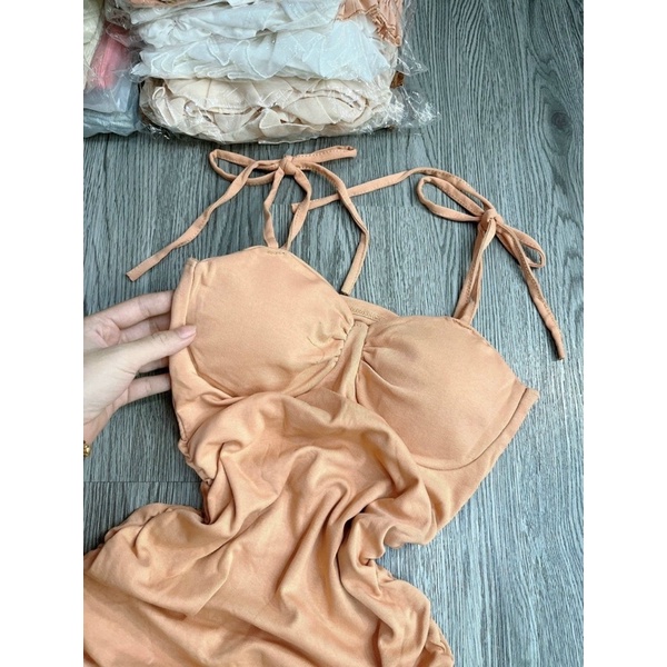 Có mút ngực Đầm Body nhún Ngắn Cúp Ngực Hai Dây Thắt Nơ Vai Sexy Nữ Tính