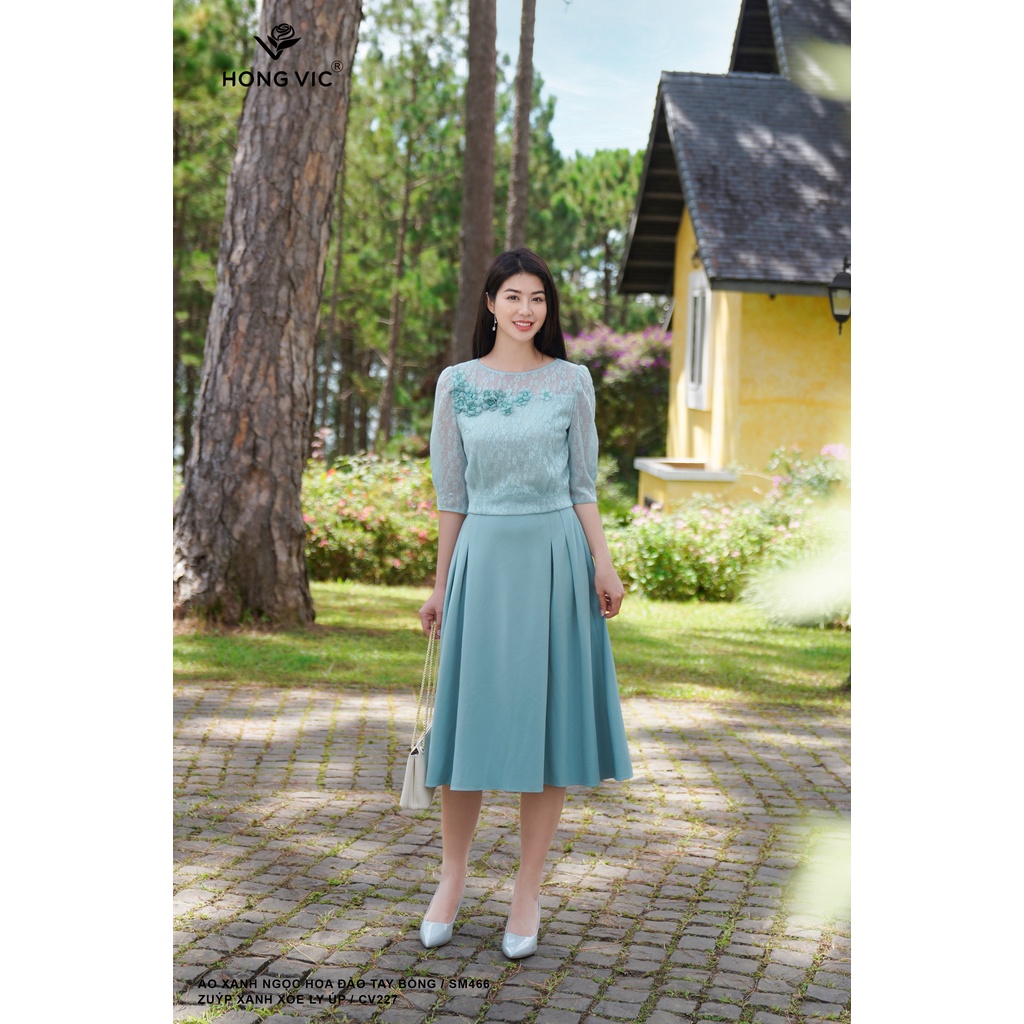Chân váy nữ thiết kế Hong Vic xanh xòe ly úp CV227