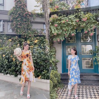 Váy hoa cổ tim đuôi cá nhún bèo. Hàng Tk
