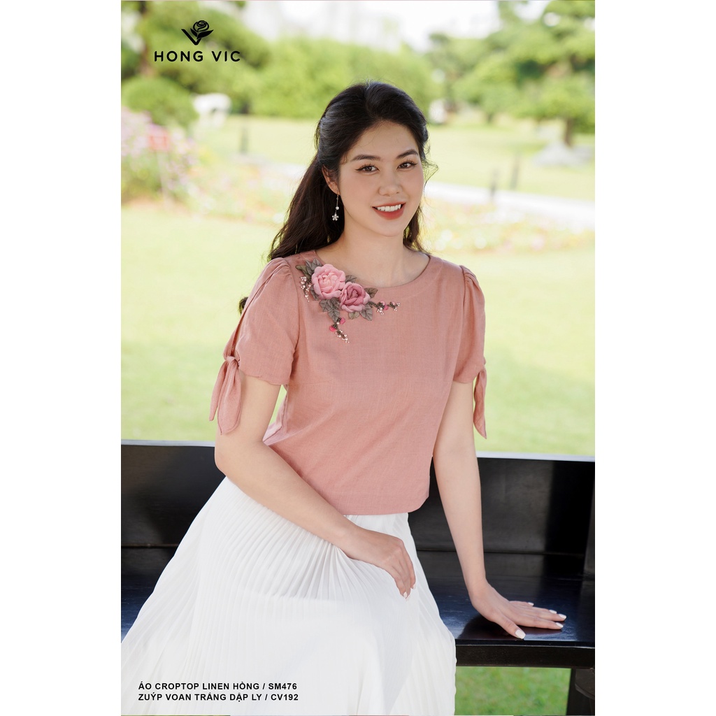 Áo croptop nữ thiết kế Hong Vic linen hồng SM476