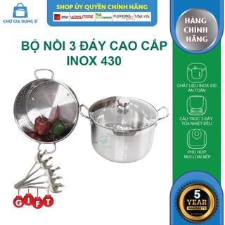 Bộ xửng hấp 3 đáy inox 430 FiveStar Standard bếp từ nắp kính tặng 5 muỗng ăn ( 30cm )