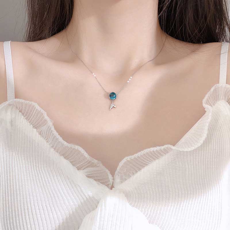 Bộ Trang Sức Vòng cổ / Vòng Tay / Khuyên Tai Bằng Thép Titan Đính Đá Zircon Đuôi Nàng Tiên Cá Màu Xanh Dương Đơn Giản