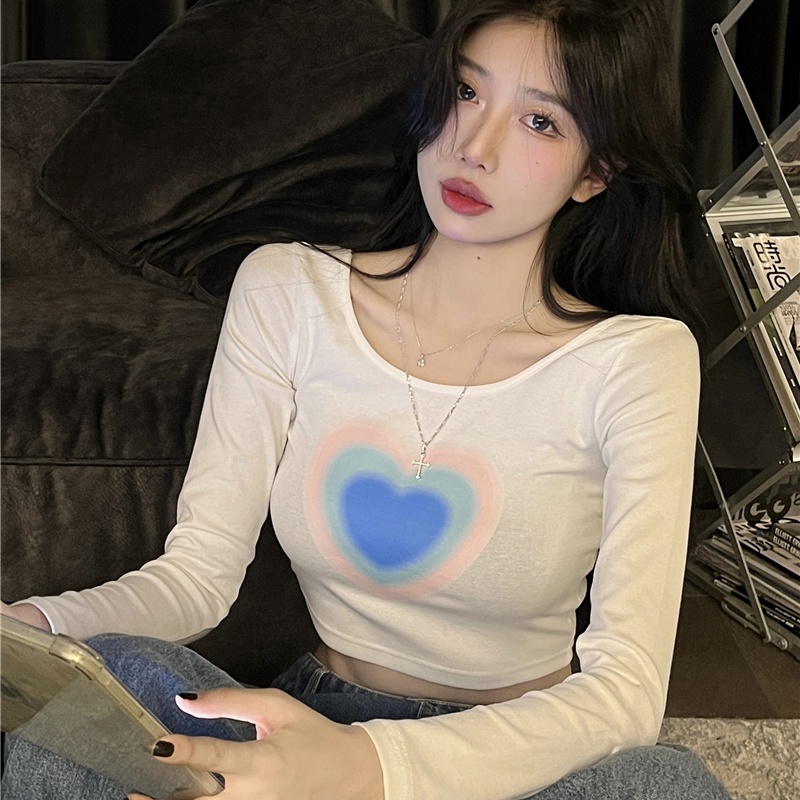 IELGY  Áo Thun Lửng Tay Dài In Hình Trái Tim Thời Trang Dành Cho Nữ