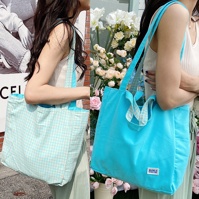 Túi Tote vải canvas 2 lớp - thiết kế mang được 2 mặt caro/ trơn màu, phụ kiện thời trang có sẵn tại Đà Nẵng (ảnh thật).
