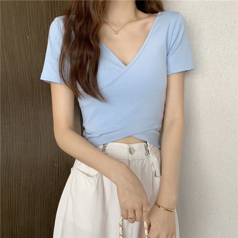 Áo thun nữ trơn vạt chéo croptop hở eo MS31