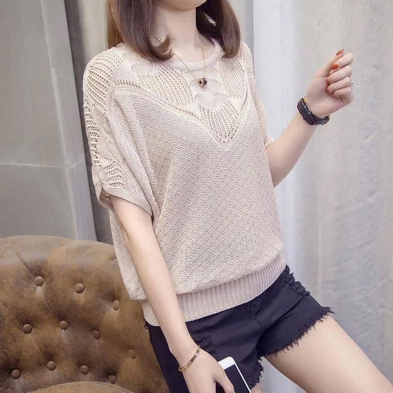 Áo Thun Cánh Dơi Dệt Kim Màu Trơn Cổ Tròn Dáng Rộng Thời Trang Xuân Hè