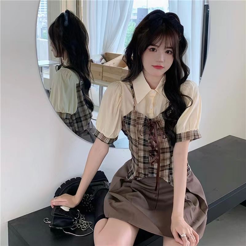 Set Áo Sơ Mi Ngắn Tay Giả Hai Lớp + Chân Váy Chữ A Phối Caro Phong Cách Retro Mùa Hè Cỡ Lớn Cho Nữ