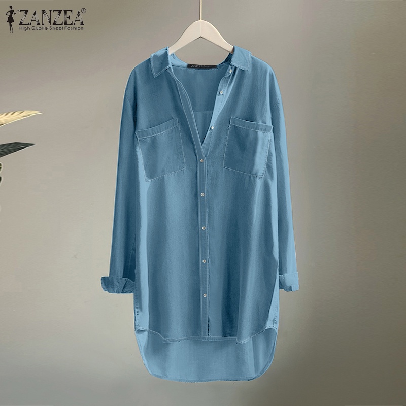 Zanzea Áo Sơ Mi Denim Dài Tay Có Túi Trước Sau Thời Trang Nữ