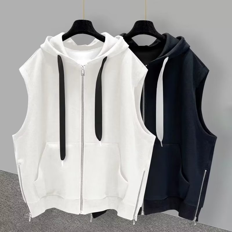 Áo Hoodie Sát Nách Dáng Rộng Phối Khóa Kéo Cá Tính Cho Nam