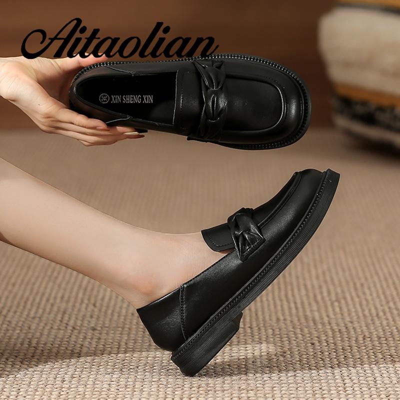 Giày Lười Da Thật Đế Bằng 3cm Phối Khóa Kim Loại Đơn Giản Thời Trang Cho Nữ