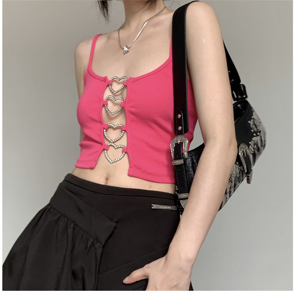 Áo Hai Dây Ngắn Mỏng Vừa Vặn Mùa Hè Khoét Lỗ Hình Trái Tim Có Nút Cài Mới