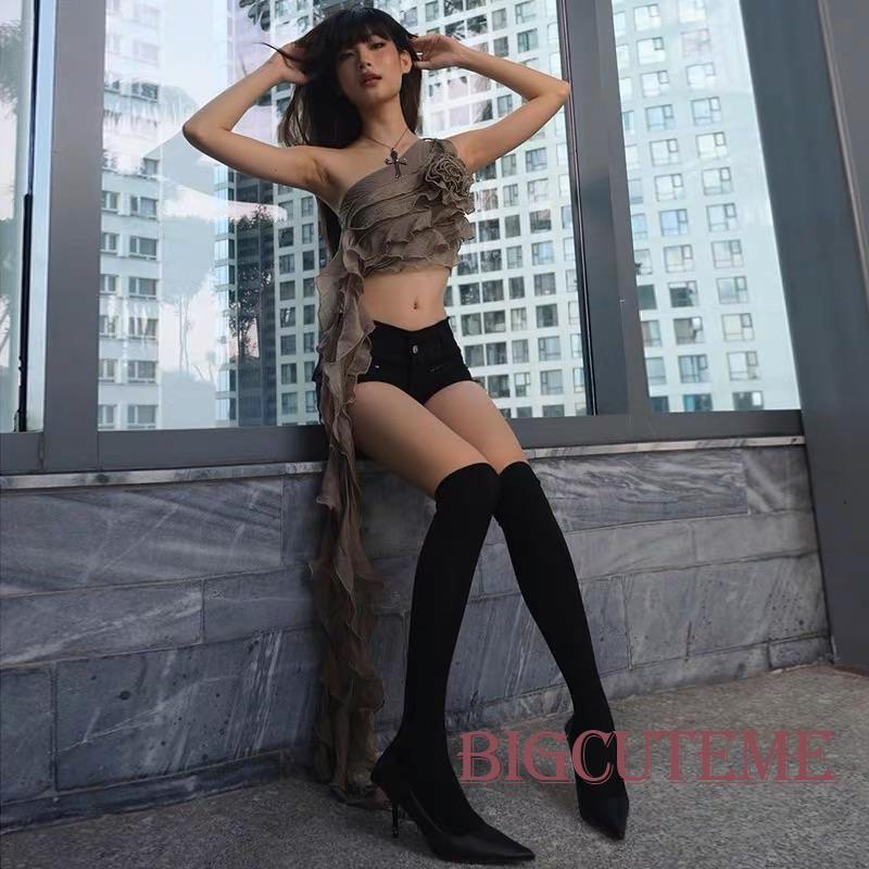 [] - Áo Crop Top Không Tay Nhún Bèo Màu Trơn Đính Hoa 3D Tua Rua Màu Trơn Thích Hợp Đi Tiệc Xuân Hè / Trắng / Cà Phê