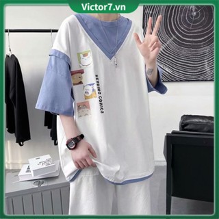 Áo thun nam tay ngắn giả hai lớp in chữ thời trang Hàn Quốc áo thun kẻ ngang áo nữ phong cách hàn quốc áo thun nam sọc ngang