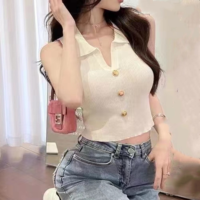 Áo Dệt Kim Sát Nách Cổ POLO Dáng Ngắn Thời Trang Mùa Hè Cho Nữ