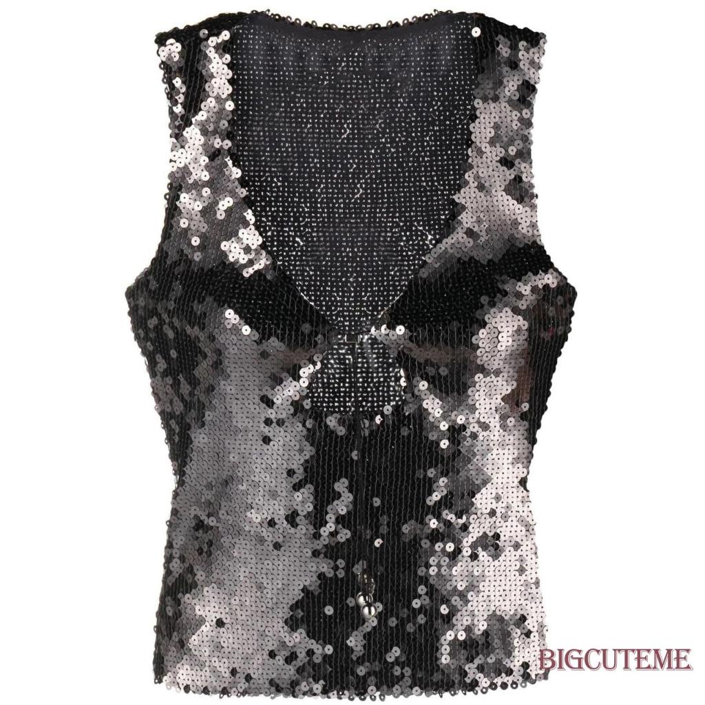 Áo Tank Top Sát Nách Màu Trơn Đính Kim Sa Lấp Lánh Phối Dây Rút Cá Tính Cho Nữ