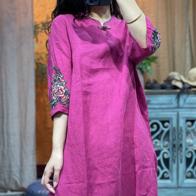 Đầm Sườn Xám Cách Tân Vải Lanh Cotton Thêu Họa Tiết Phong Cách Trung Hoa Cổ Điển Thời Trang Cho Nữ