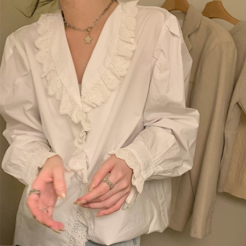 IELGY   Áo Sơ Mi Tay Dài Phối Ren Thời Trang Dành Cho Nữ