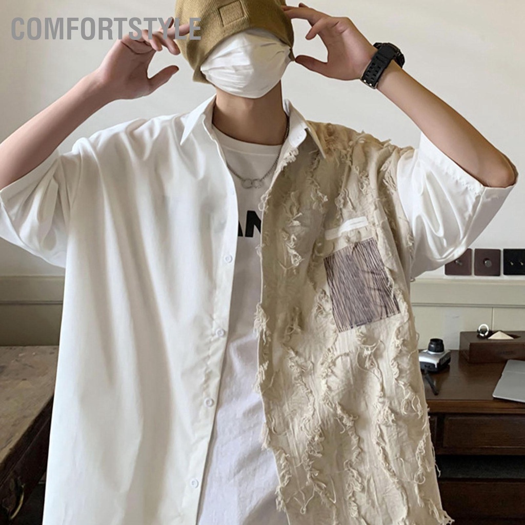Comfortstyle Áo Sơ Mi Nam Ngắn Tay Thời Trang Tối Giản Dáng Rộng Cổ Lửng Cài Nút Cho Mùa Hè