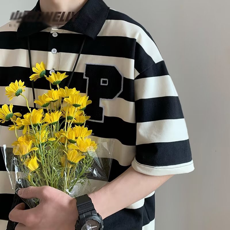 Áo polo Ngắn Tay Dáng Rộng Họa Tiết Kẻ Sọc Phong Cách Đường Phố Nhật Bản Thời Trang Mùa Hè Cho Nam