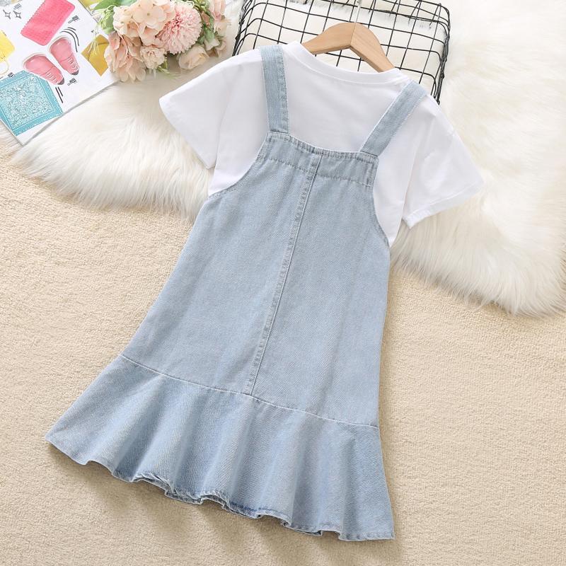 Set Áo Thun Ngắn Tay + Đầm Yếm Denim Thời Trang Mùa Hè Cho Bé Gái 3-5 - 7-9 Tuổi
