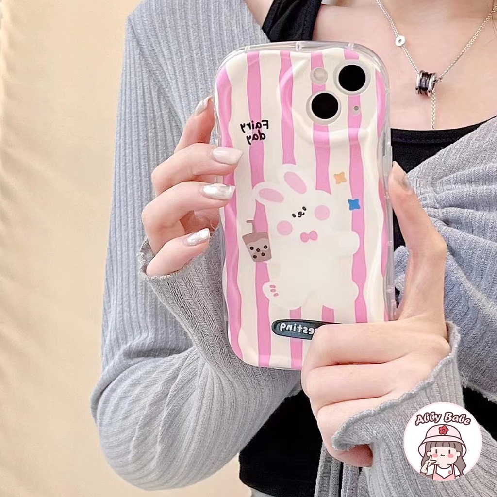 Ốp Điện Thoại TPU Mềm Chống Sốc Chống Bụi Hình Thỏ Trắng Hồng Kẻ Sọc Dọc Cho IPhone 14 Pro Max 13 12 11 Pro Max