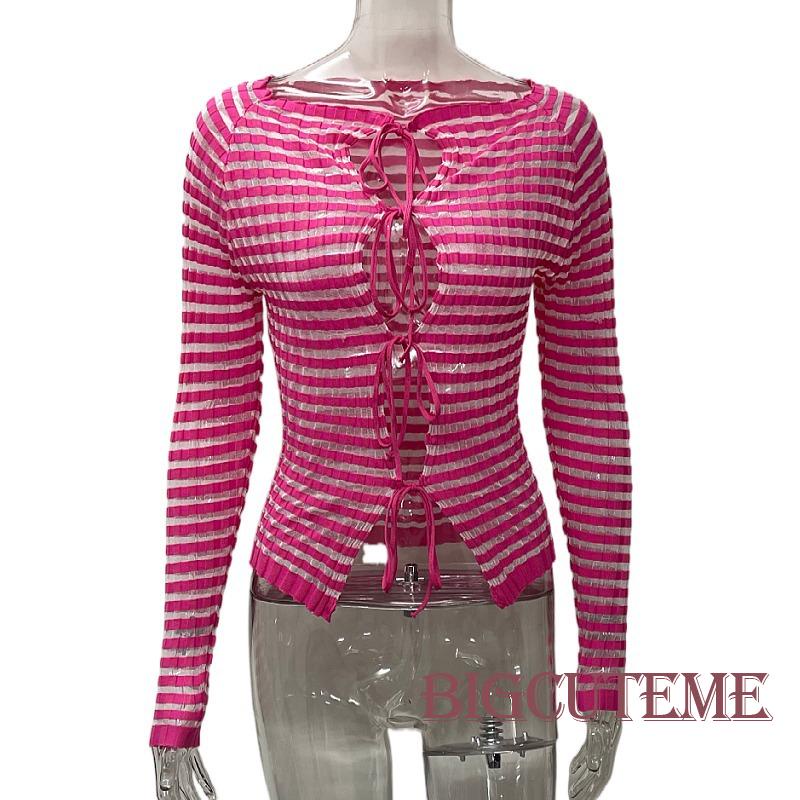 [] Áo Thun Crop Top Tay Dài Cổ Thuyền Họa Tiết Kẻ Sọc Buộc Dây Phía Trước Cho Nữ